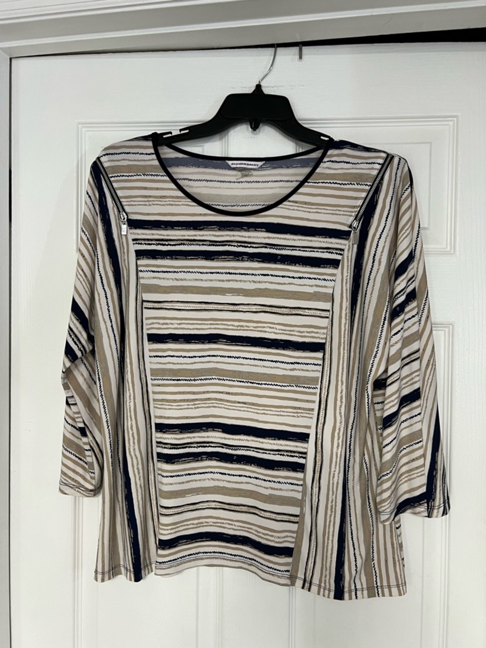 Allison Daley Beige and Navy Striped Scoop Neck Tunic